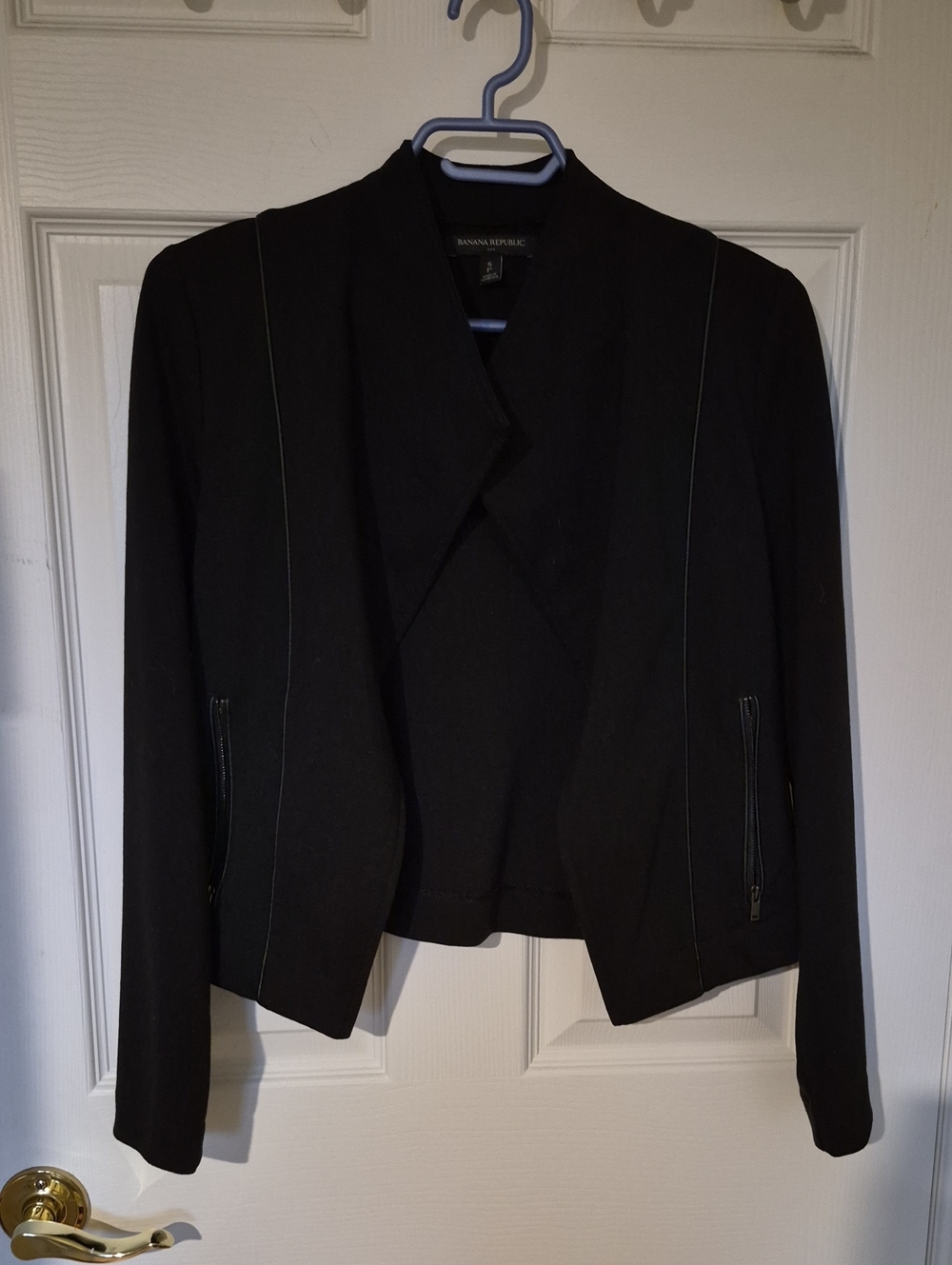 Banana Republic Black Asymmetric Open Front Moto Jacket Faux Leather Trim Size S
